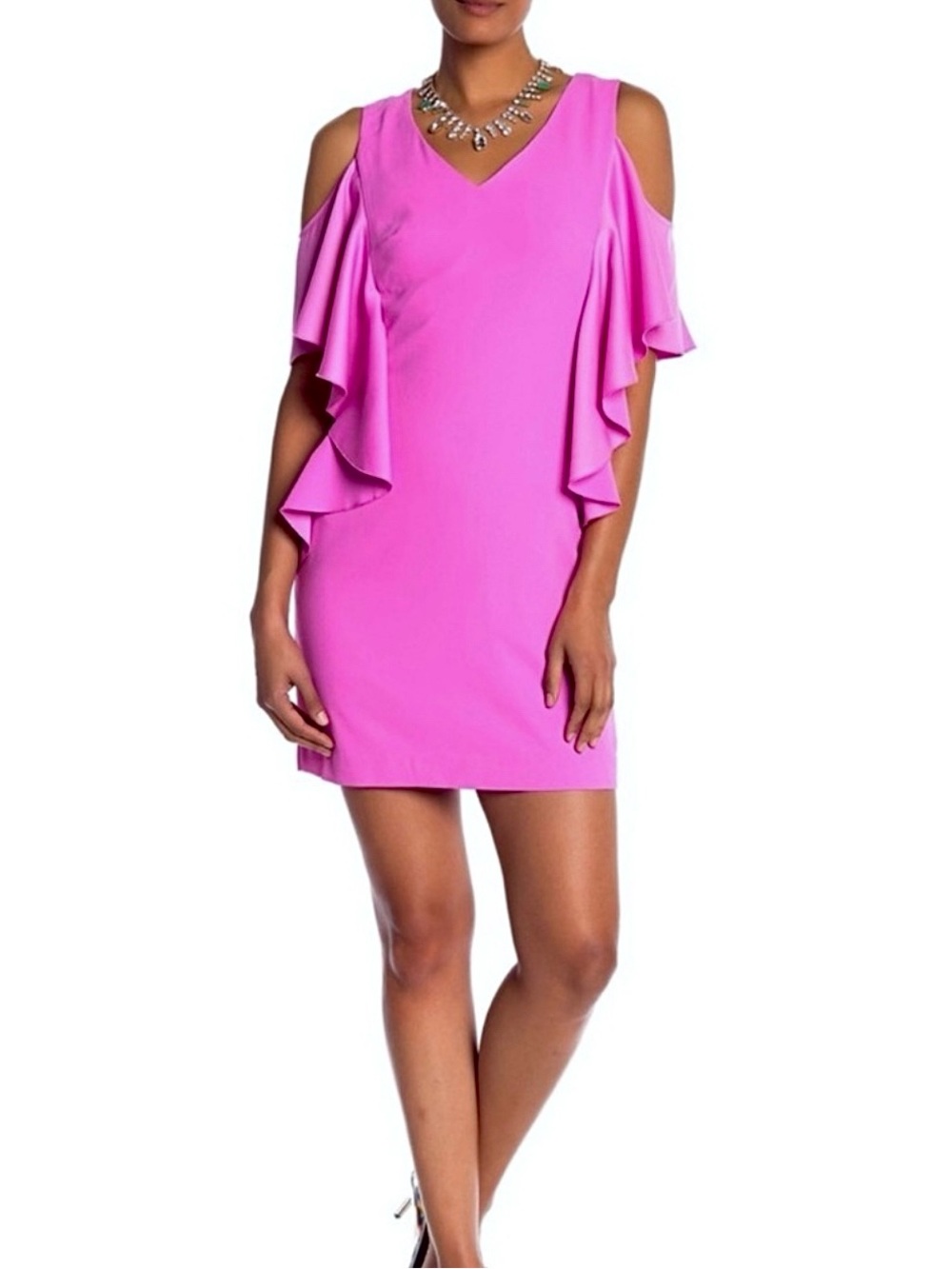 Trina Turk Hot Pink Cold-Shoulder Ruffle Shift Dress